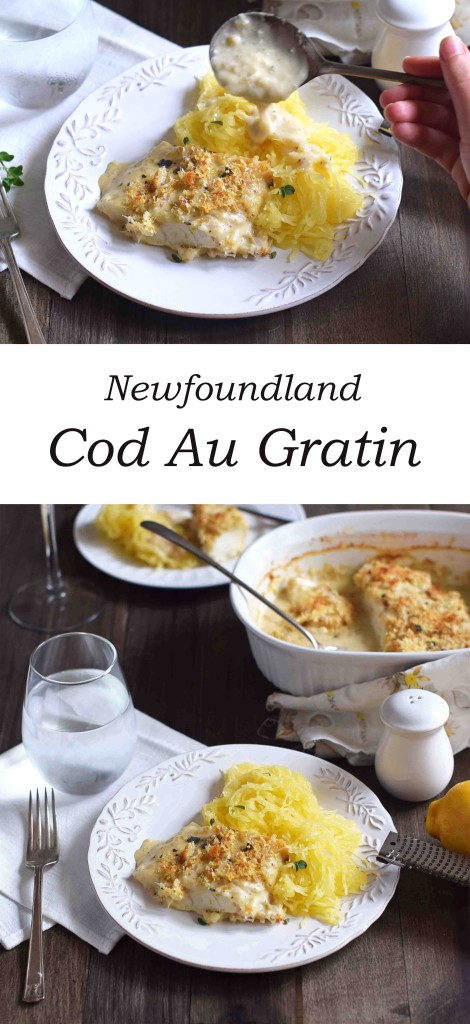 Newfie Cod Au Gratin - cod fillets baked in a homemade bechamel sauce topped with croutons and parmesan cheese.