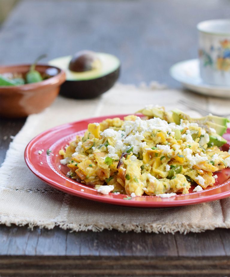 Migas with Feta Cheese and Avocado Slices